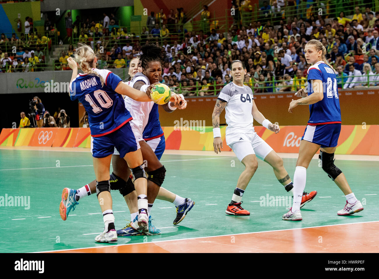 Rio de Janeiro, Brazil. 20 August 2016  Laurisa Landre (FRA) #8 competes in the women's handball gold medal match Russia vs. France at the 2016 Olympi Stock Photo