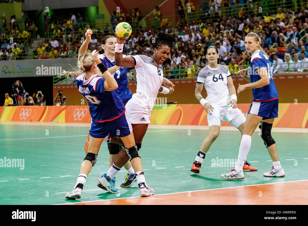 Rio de Janeiro, Brazil. 20 August 2016  Laurisa Landre (FRA) #8 competes in the women's handball gold medal match Russia vs. France at the 2016 Olympi Stock Photo