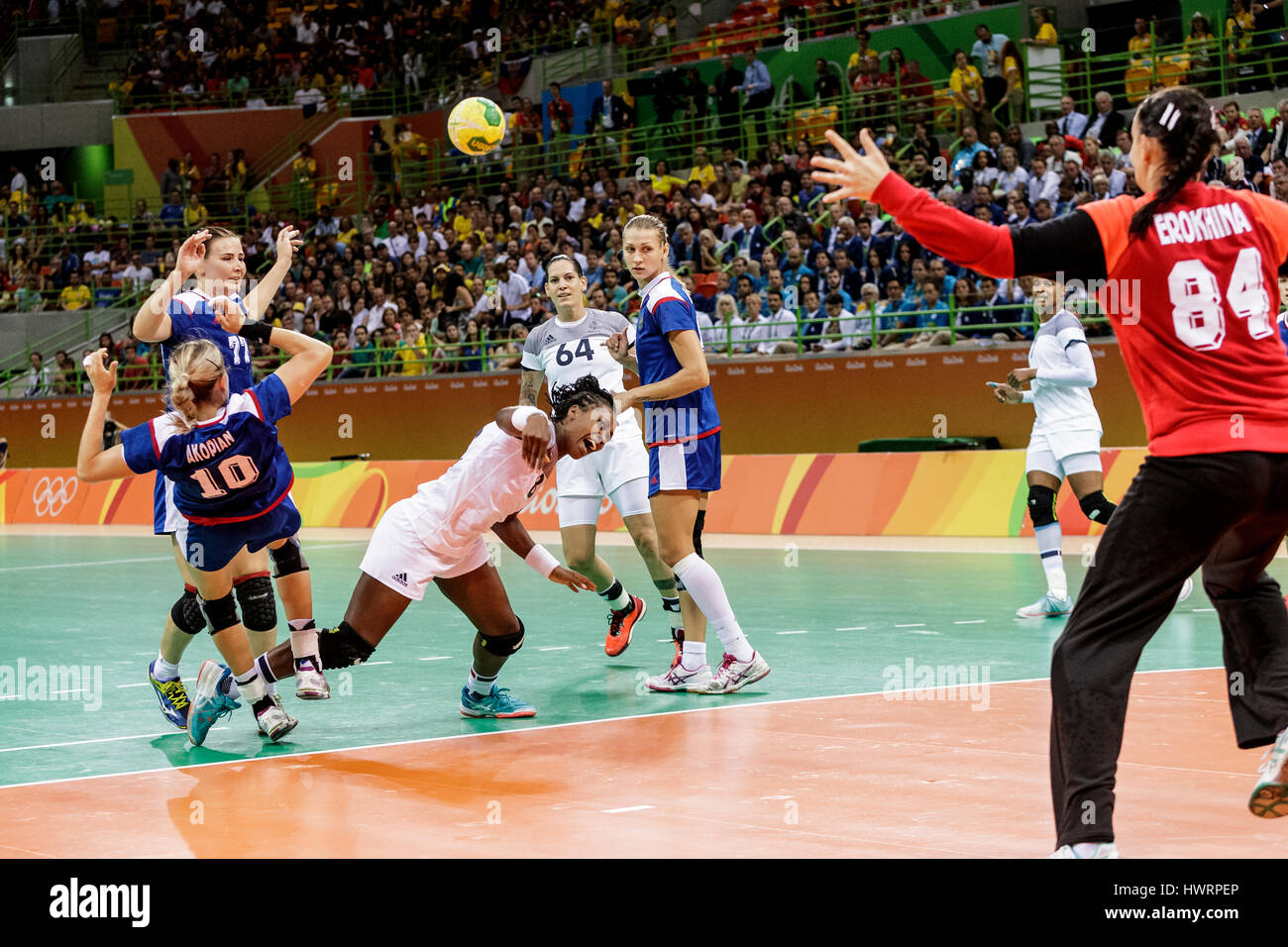 Rio de Janeiro, Brazil. 20 August 2016  Laurisa Landre (FRA) #8 competes in the women's handball gold medal match Russia vs. France at the 2016 Olympi Stock Photo