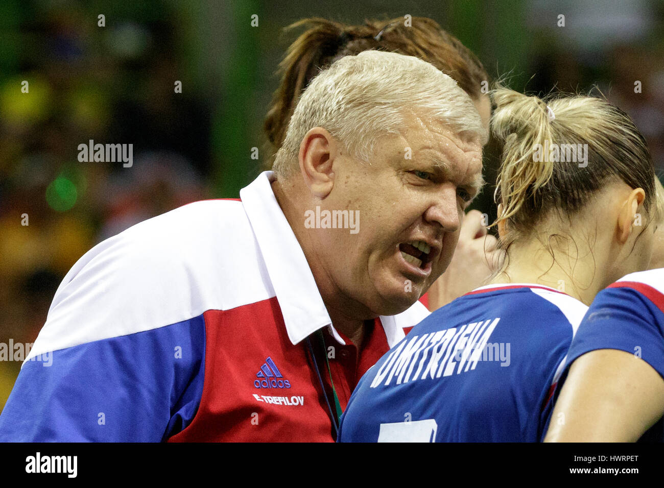 Rio de Janeiro, Brazil. 20 August 2016 Russia's coach Evgenii Trefilov during the women's handball gold medal match Russia vs. France at the 2016 Olym Stock Photo
