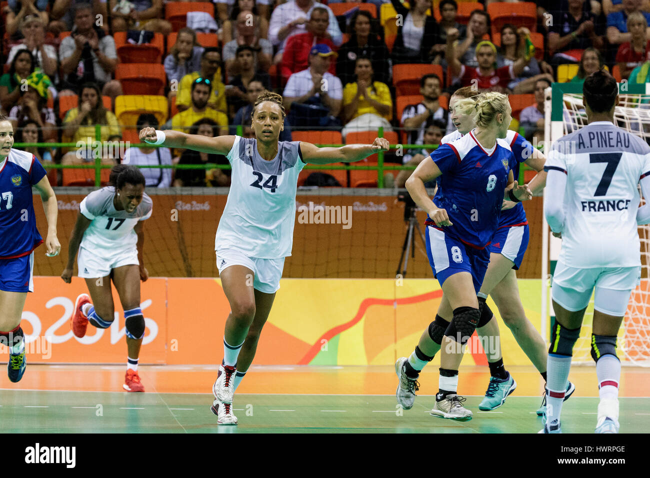 Rio de Janeiro, Brazil. 20 August 2016 Béatrice Edwige (FRA) #24 competes in the women's handball gold medal match Russia vs. France at the 2016 Olymp Stock Photo