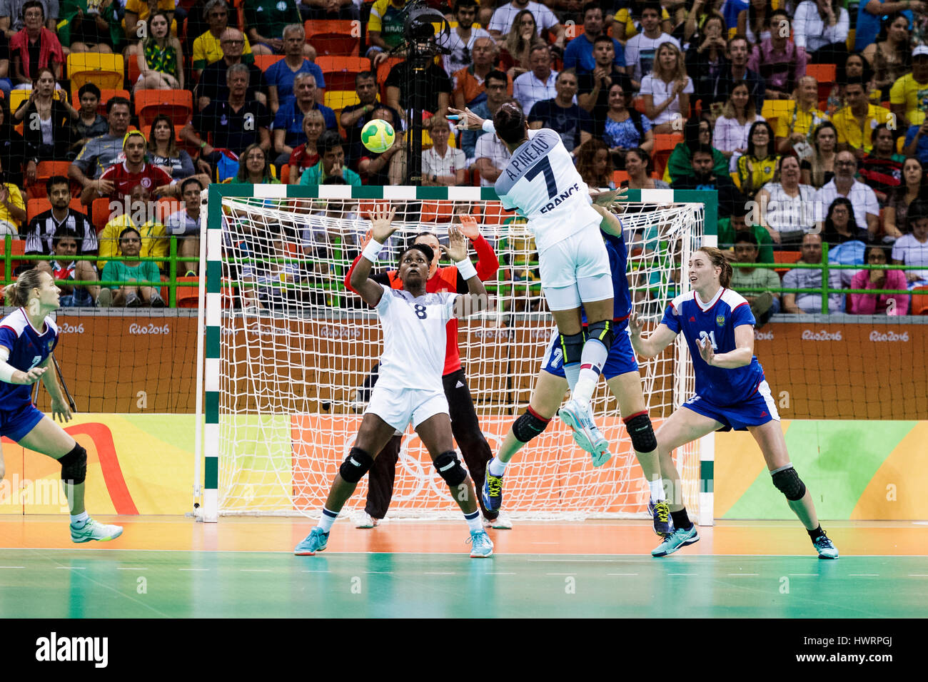 Rio de Janeiro, Brazil. 20 August 2016 Allison Pineau (FRA) #7 competes in the women's handball gold medal match Russia vs. France at the 2016 Olympic Stock Photo