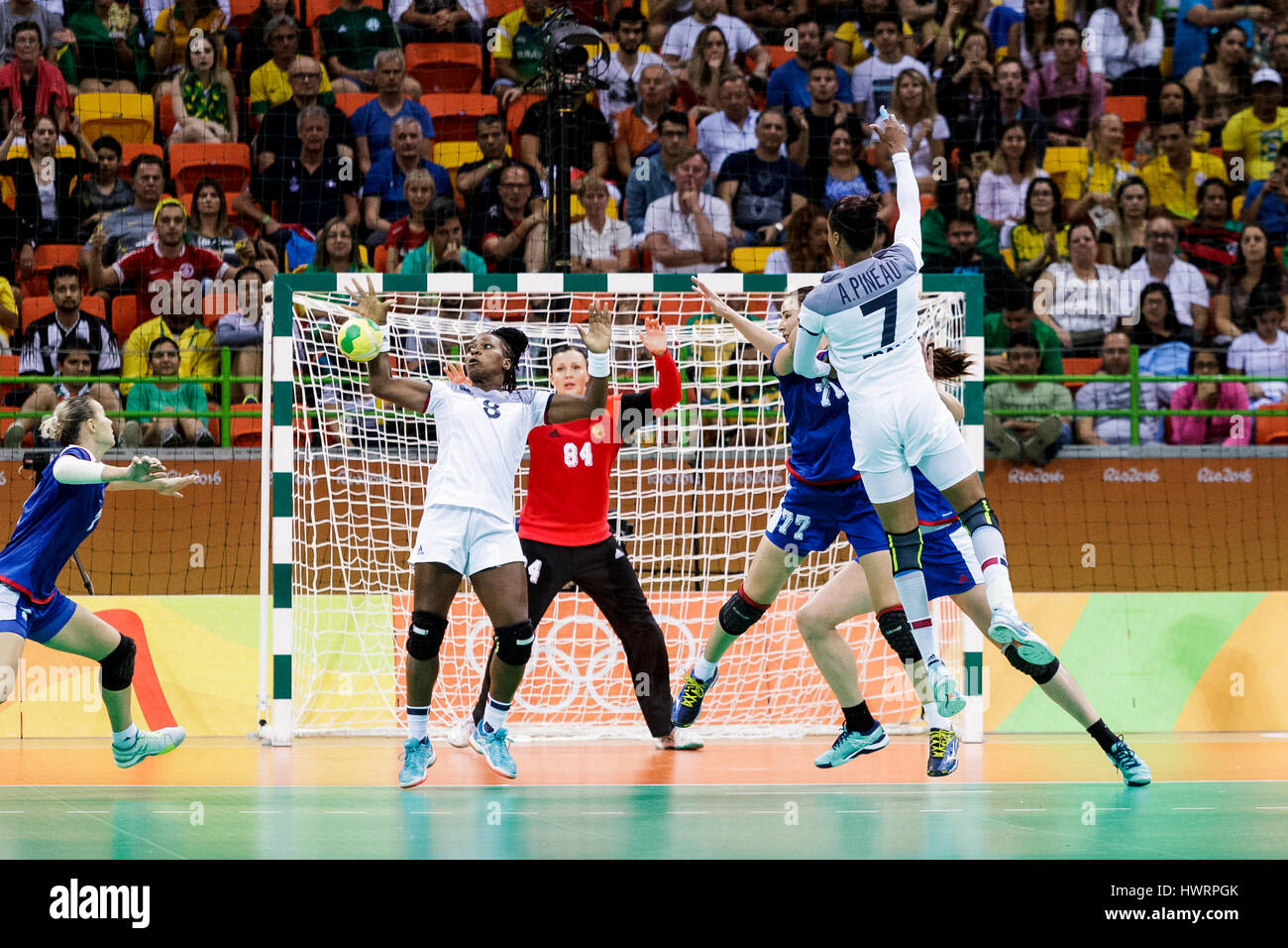 Rio de Janeiro, Brazil. 20 August 2016 Allison Pineau (FRA) #7 competes in the women's handball gold medal match Russia vs. France at the 2016 Olympic Stock Photo