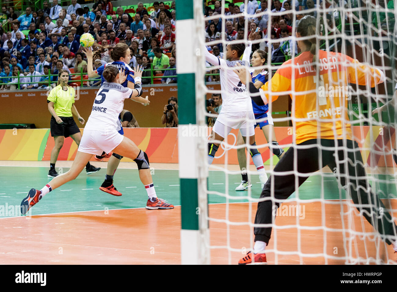 Rio de Janeiro, Brazil. 20 August 2016  The women's handball gold medal match Russia vs. France at the 2016 Olympic Summer Games. ©Paul J. Sutton/PCN  Stock Photo