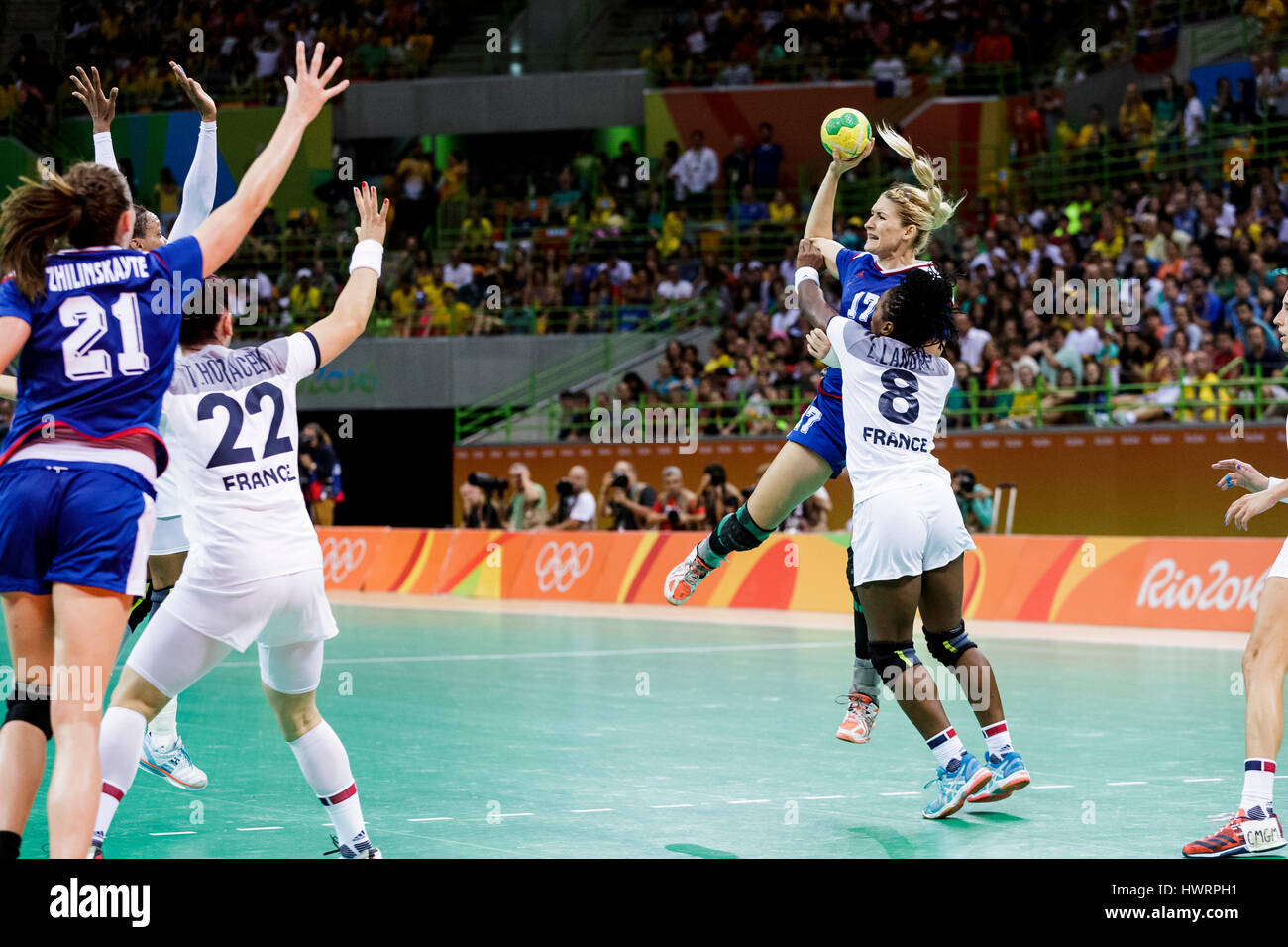 Rio de Janeiro, Brazil. 20 August 2016  Vladlena Bobrovnikova (RUS) #17 defended by Laurisa Landre (FRA) #8  in the women's handball gold medal match  Stock Photo