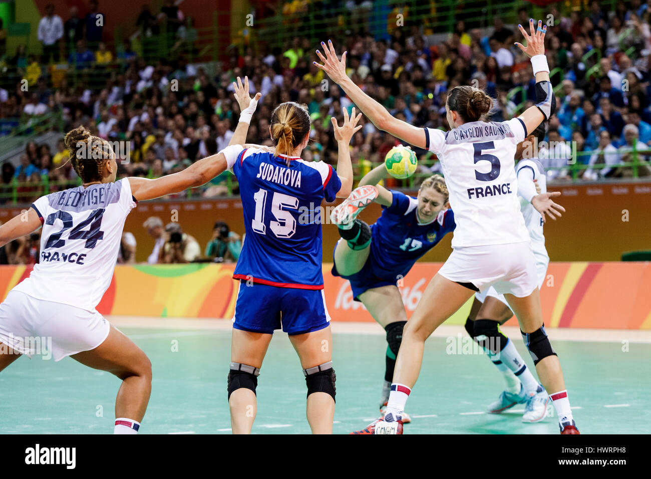 Rio de Janeiro, Brazil. 20 August 2016  The women's handball gold medal match Russia vs. France at the 2016 Olympic Summer Games. ©Paul J. Sutton/PCN  Stock Photo