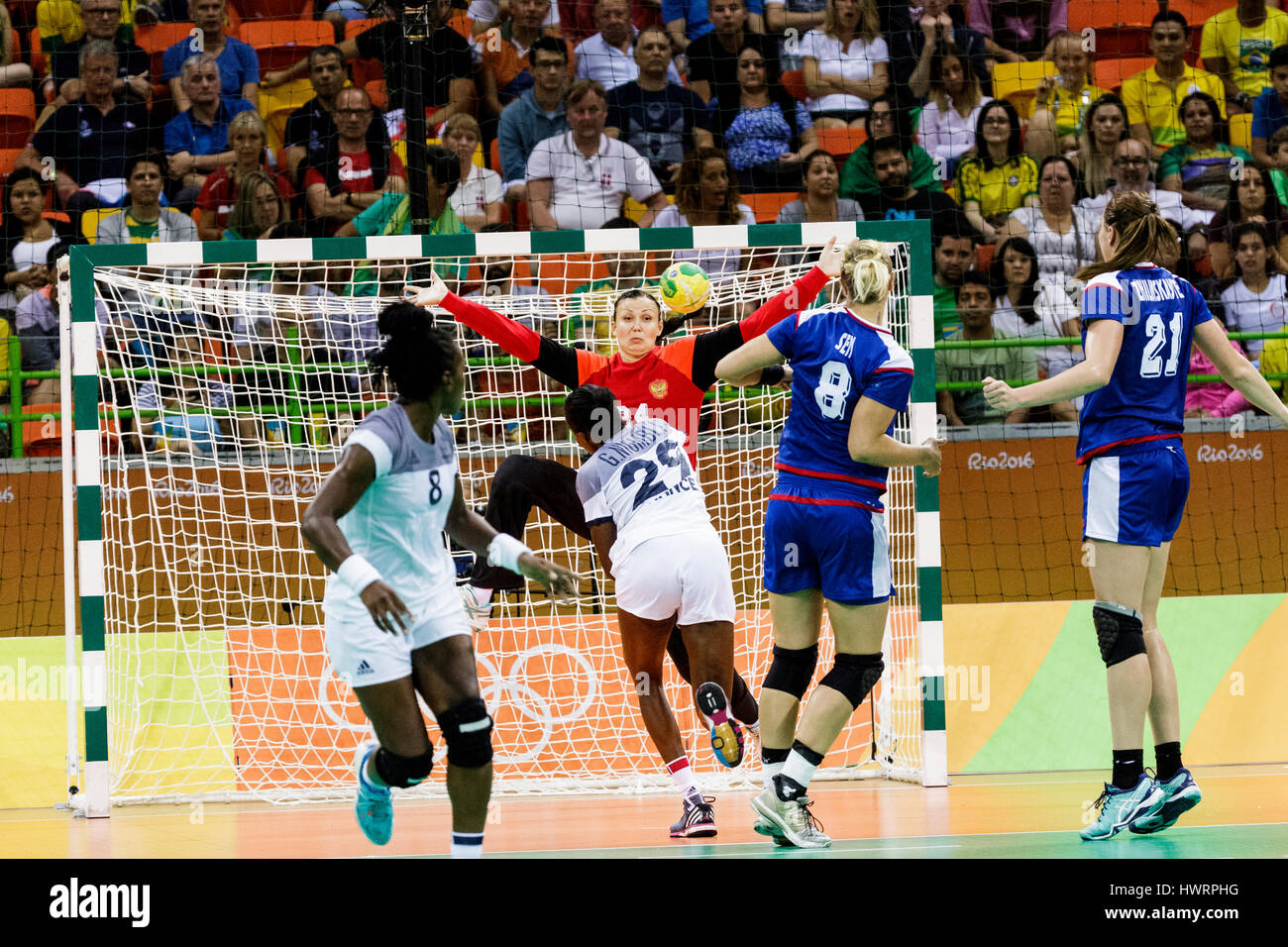 Rio de Janeiro, Brazil. 20 August 2016  The women's handball gold medal match Russia vs. France at the 2016 Olympic Summer Games. ©Paul J. Sutton/PCN  Stock Photo