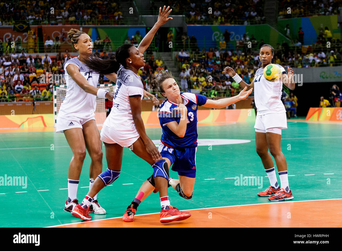 Rio de Janeiro, Brazil. 20 August 2016 Siraba Dembélé (FRA) #17 and Anna Vyakhireva (RUS) #13 competes in the women's handball gold medal match Russia Stock Photo