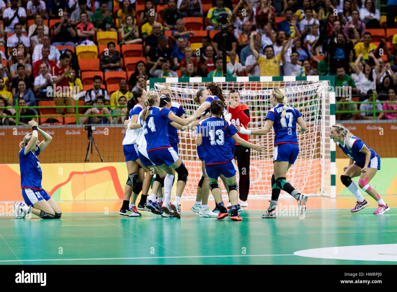 Rio de Janeiro, Brazil. 20 August 2016  The Russian women's handball celebrates it's victory in the gold medal match  vs. France at the 2016 Olympics Stock Photo