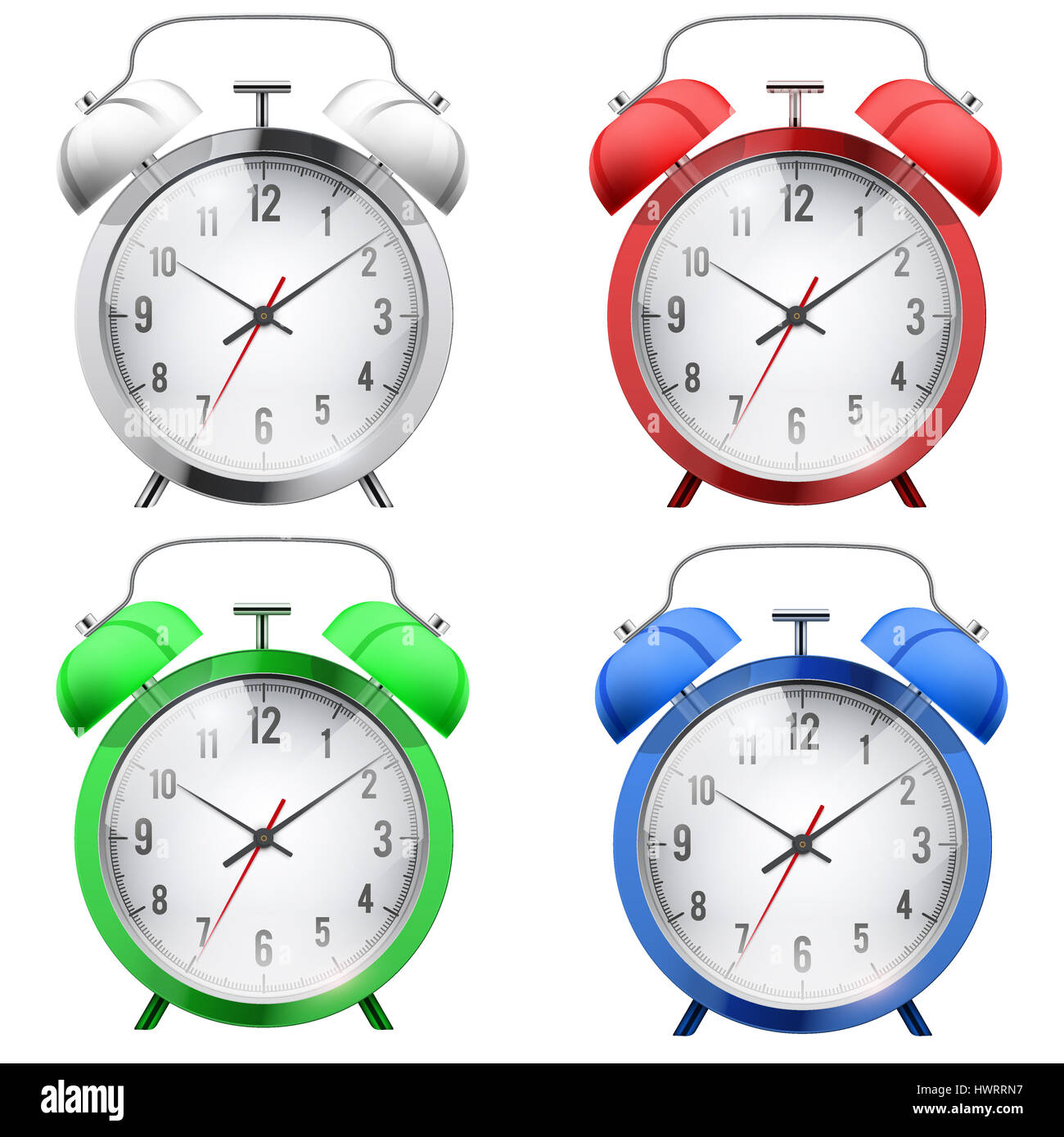 Set of Traditional alarm clocks. Different color. Classic design gloss