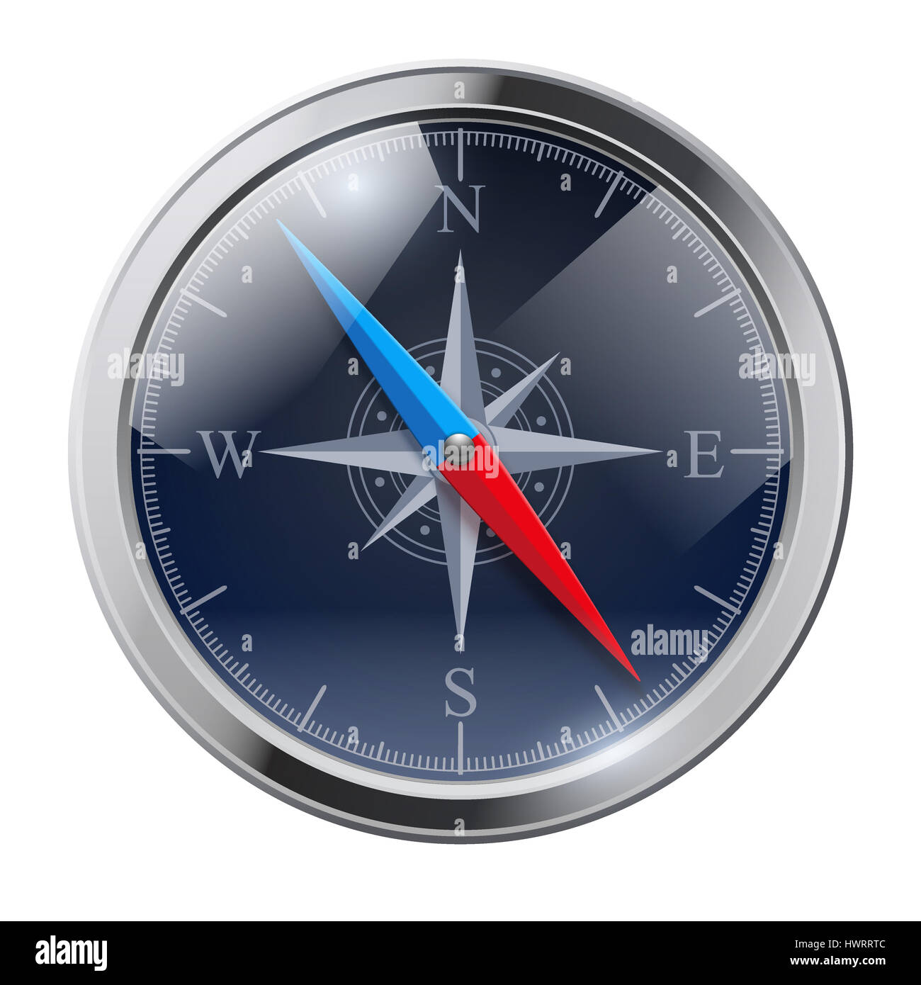 Glossy Bright Vintage Compass analog display in a metal case with wind rose. Time Illustration. Stock Photo