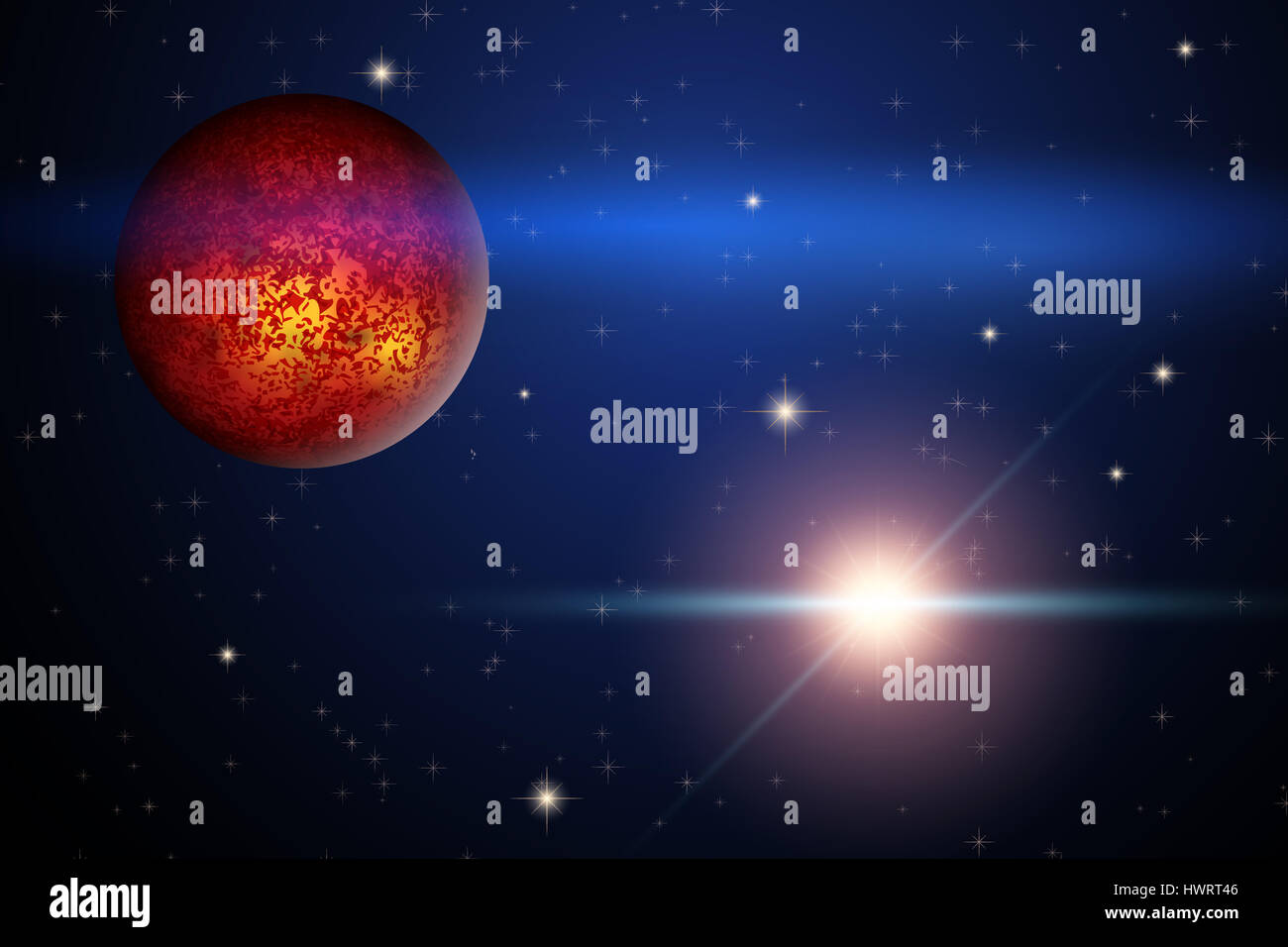 The Planet Mars and bright star in space. Abstract scientific background. Stock Photo