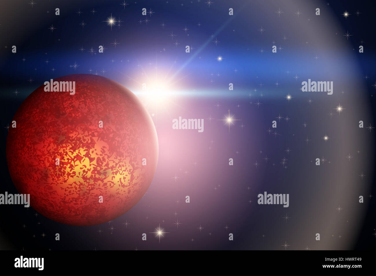 The Planet Mars and bright star in space. Abstract scientific background. Stock Photo