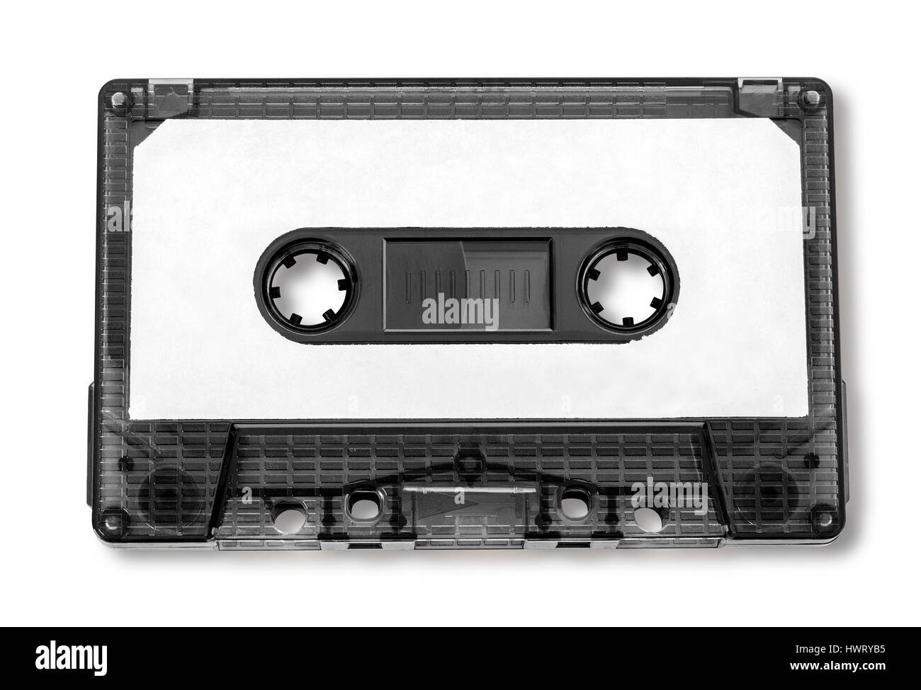 Old compact audio cassette (tape), macro shot on white background,with