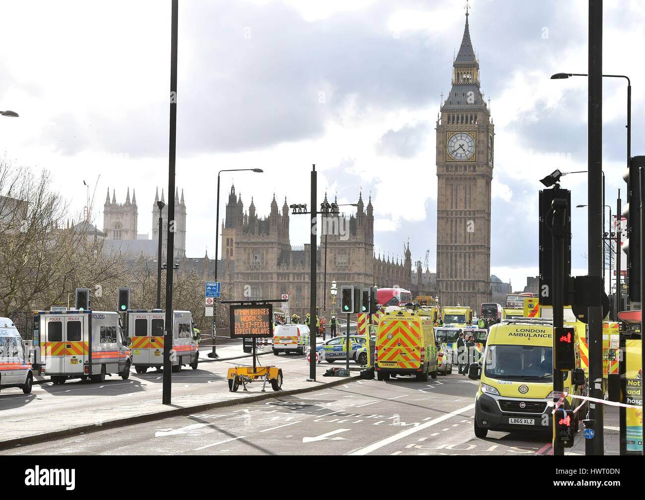 Emergency personnel on Westminster Bridge, close to the Palace of