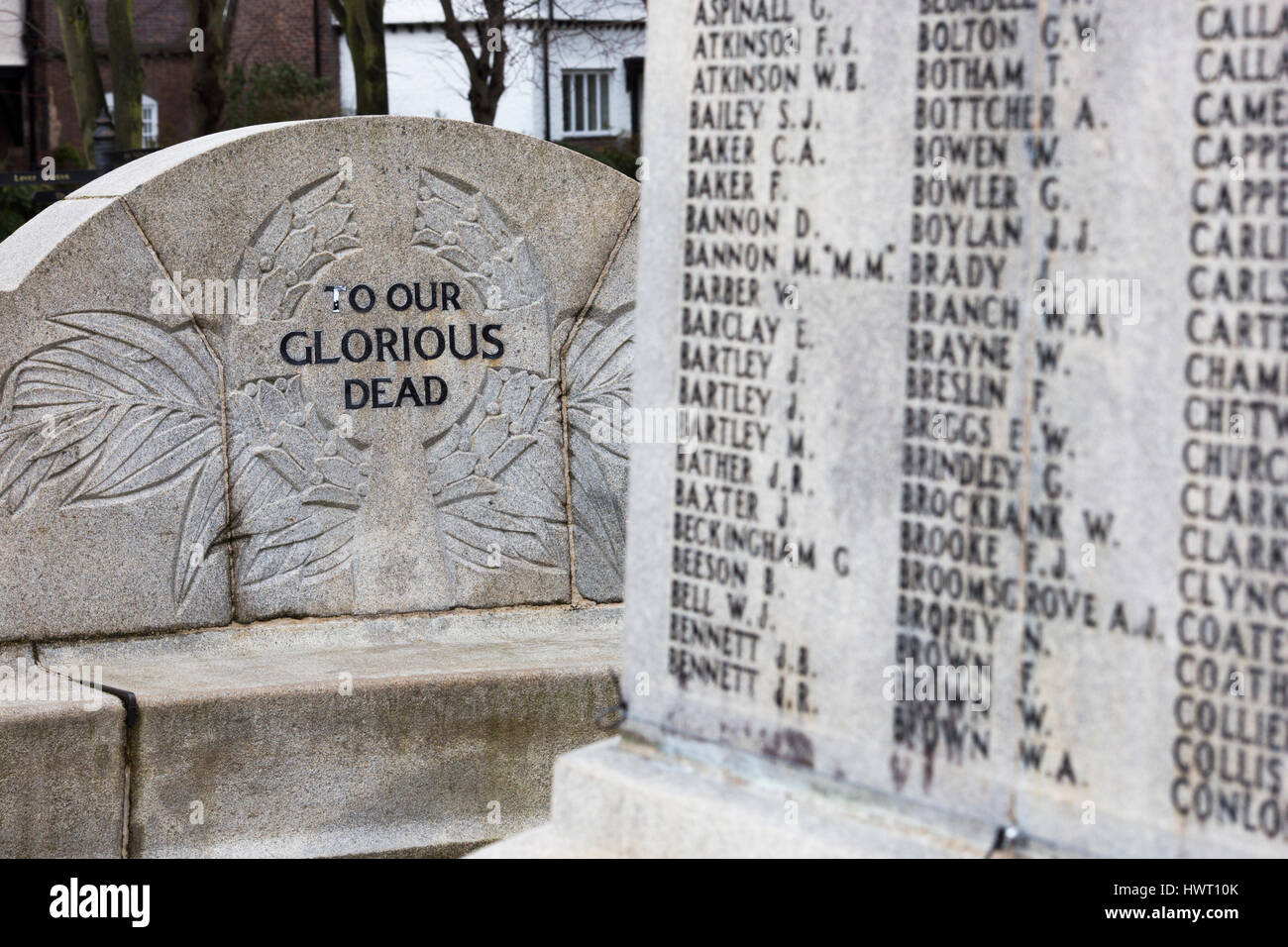 Port Sunlight - a model village and suburb in the Metropolitan Borough of Wirral, Merseyside. War Memorial. List of names of deceased soldiers Stock Photo