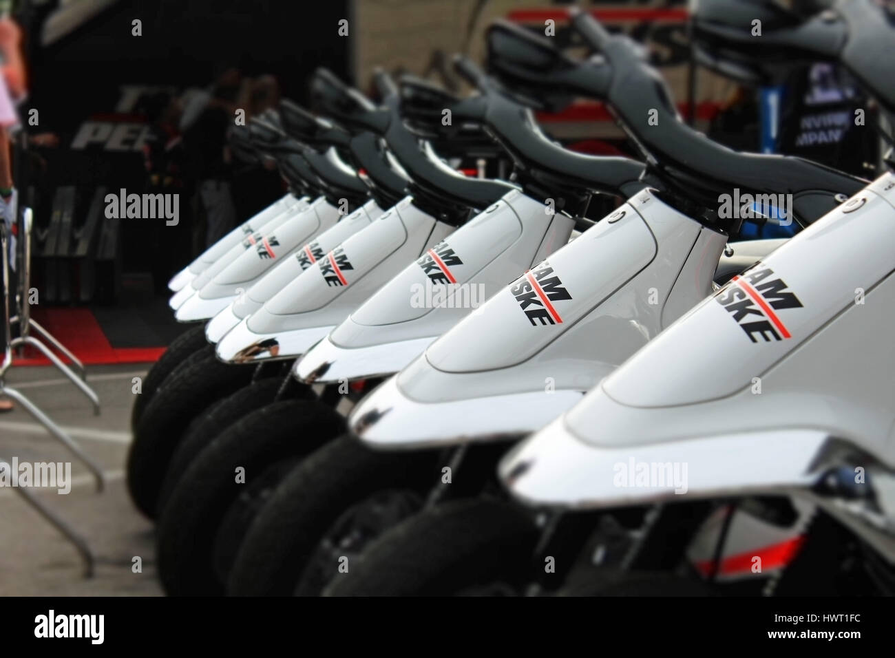 Team Penske scooters lined up in the paddock at the 2017 Indycar Grand Prix of St Petersburg. Stock Photo