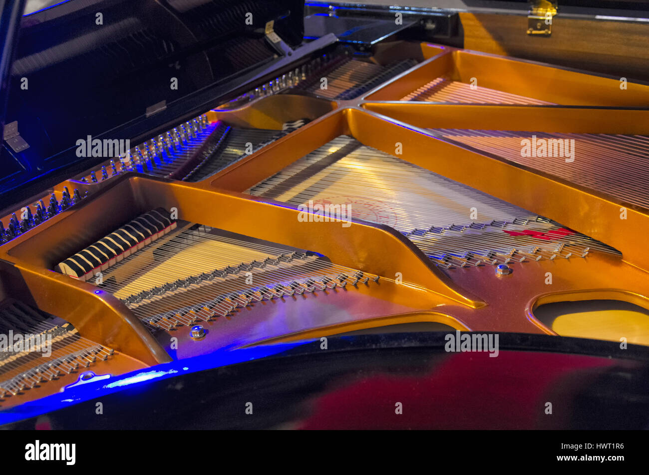 View of the internal mechanism of a piano Stock Photo
