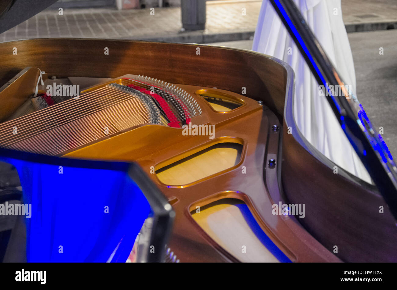 View of the sound board of a pianoforte Stock Photo