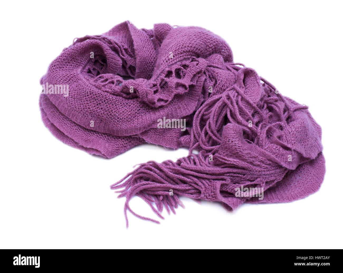 Violet knitted woolen scarf isolated on white background Stock Photo