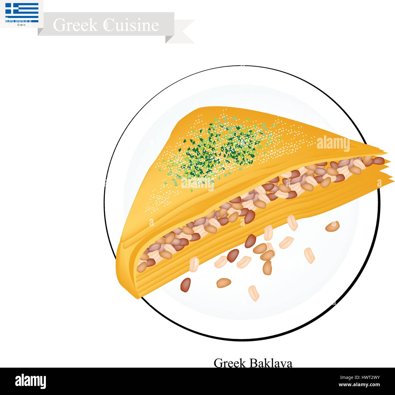 Greek Cuisine, Baklava or Traditional Phyllo Dough Topping with Pistachio and Syrup. One of The Most Popular Dessert in Greece. Stock Vector
