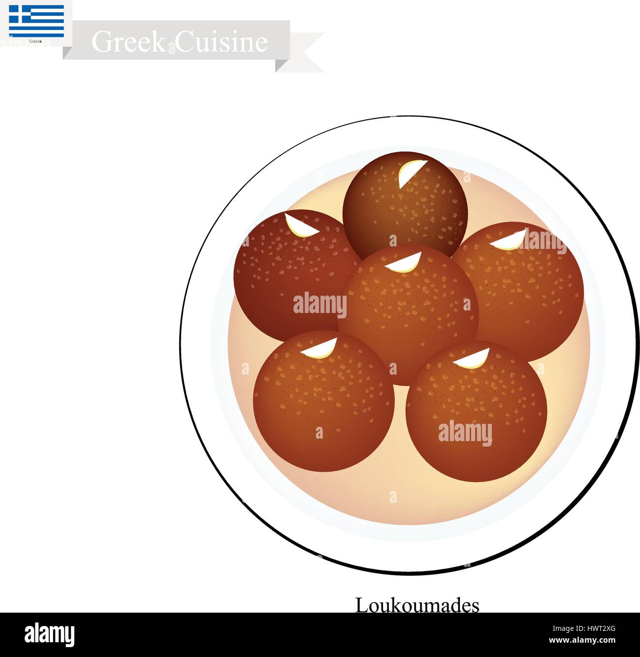 Greek Cuisine, Loukoumades or Traditional Dessert Balls Topping with Syrup and Almond. One of Most Popular Desserts in Greece. Stock Vector