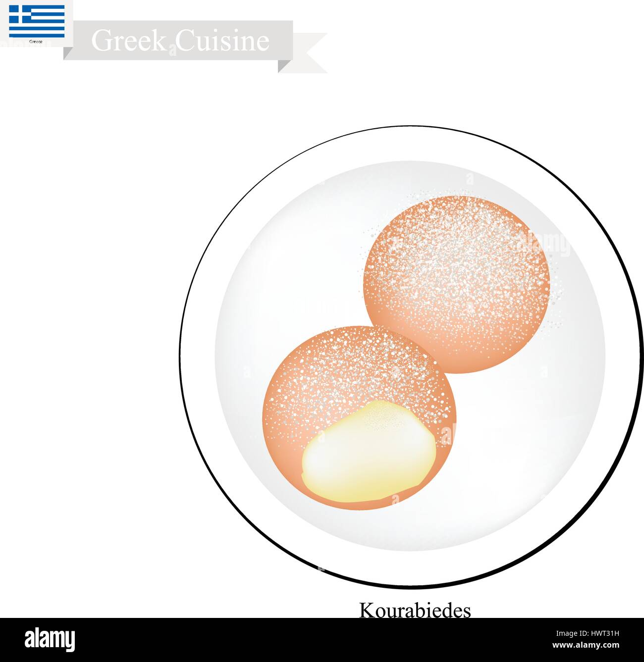 GreekCuisine, Kourabiedes or Traditional Christmas Butter Cookies with Almonds and Icing Sugar. One of Most Famous Dish in Greece. Stock Vector