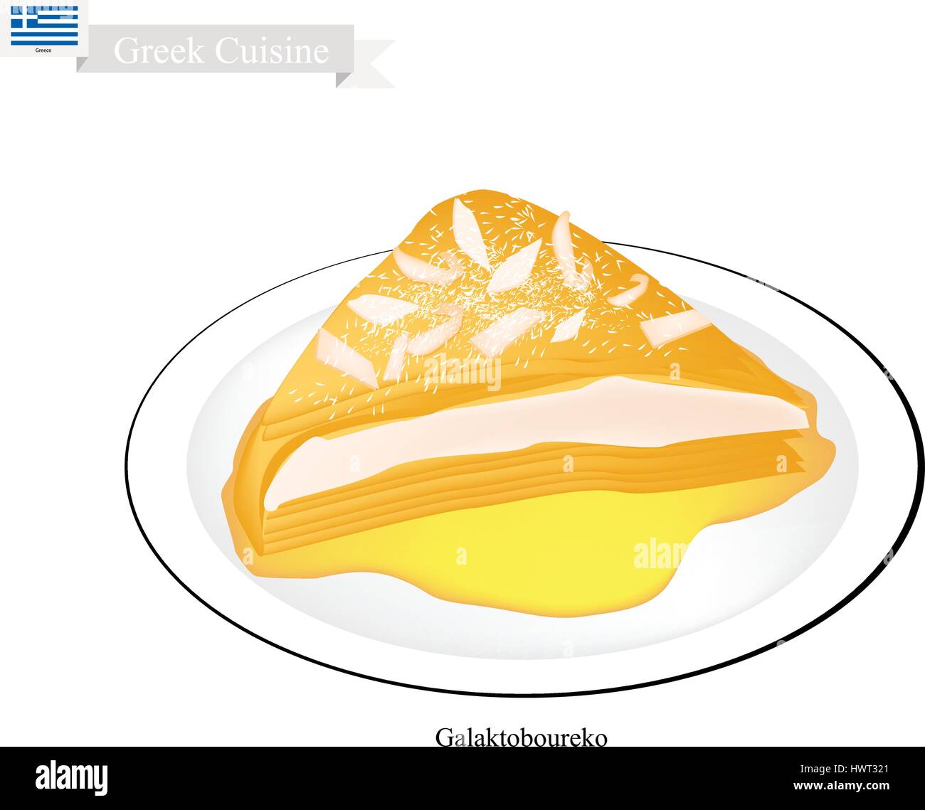Greek Cuisine, Galaktoboureko or Traditional Custard Pie With Phyllo Dough Coated with Syrup. One of The Most Popular Dessert in Greece. Stock Vector