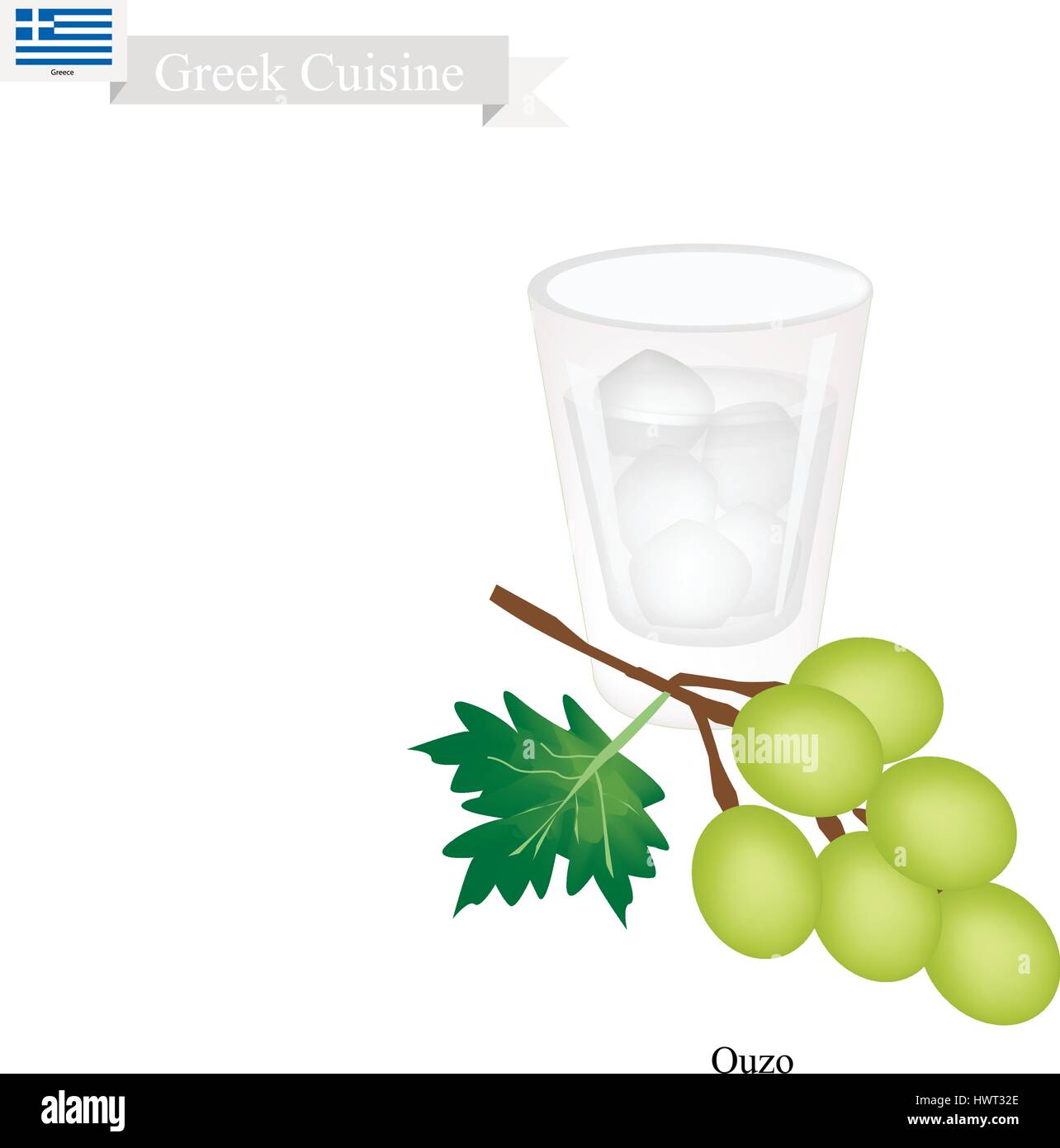 Greek Cuisine, Ouzo or Traditional Greek Aperitif Made From Pressed Grapes, Aniseed, Licorice, Mint, Wintergreen, Fennel, Hazelnut and Berries. One of Stock Vector