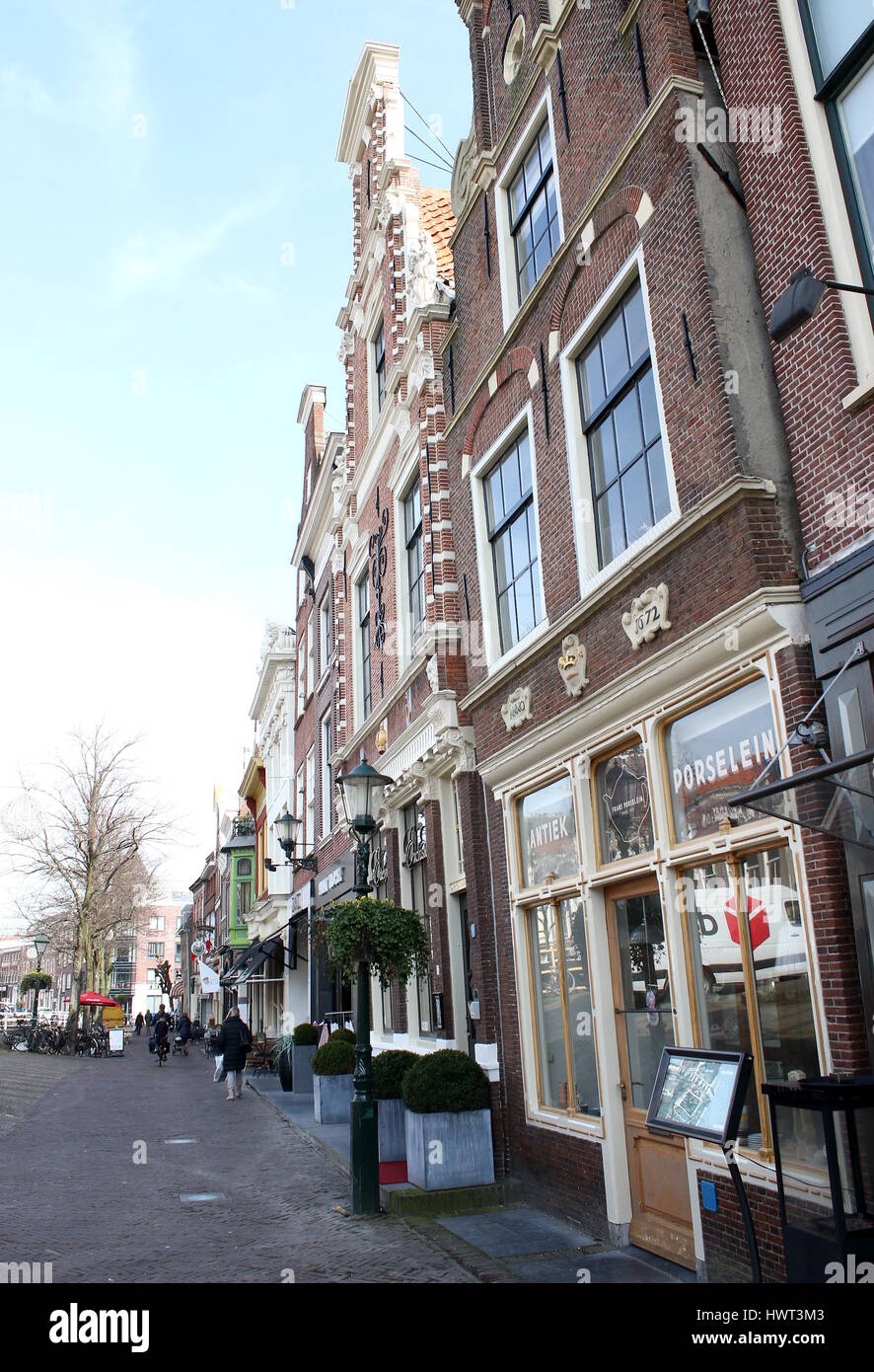 Old historic buildings at Mient street, central Alkmaar, Netherlands. Stock Photo
