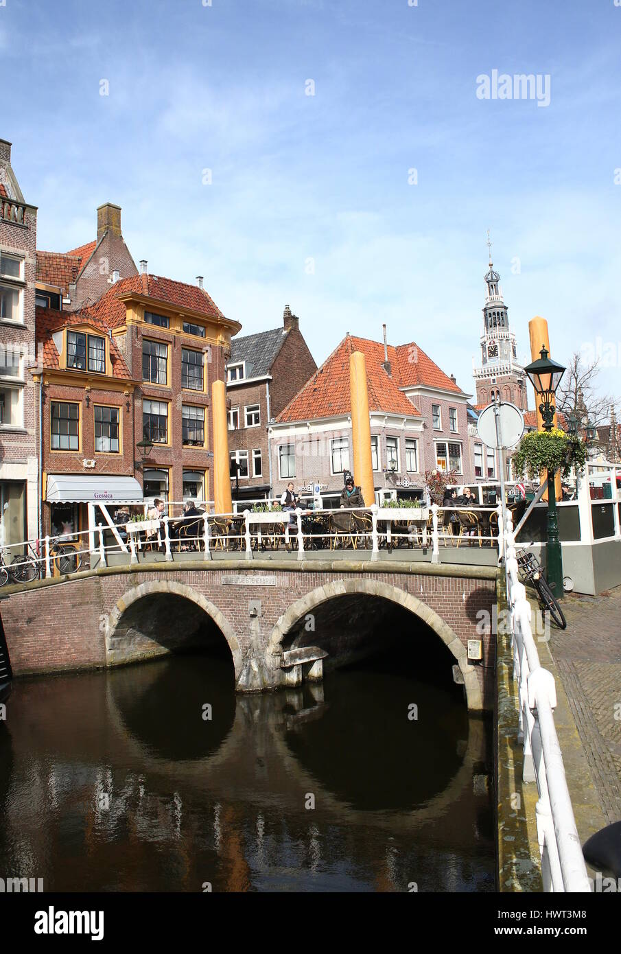 Old stone bridge over Mient canal, canal, central Alkmaar, Netherlands Stock Photo