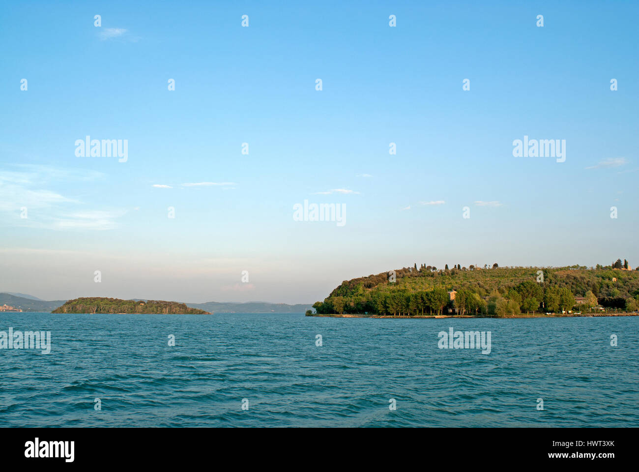 Isola Minore and Isola Maggiore (on the right), Lake Trasimeno, Umbria, Italy Stock Photo