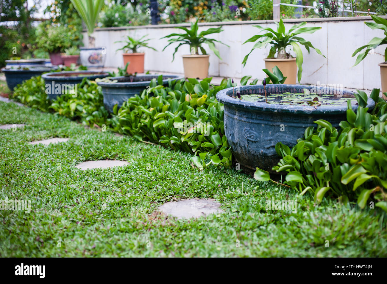 Plants, flowerpots, flowerbed the largest Buddhist temple in South East Asia: Kek Lok Si Malaysia Stock Photo