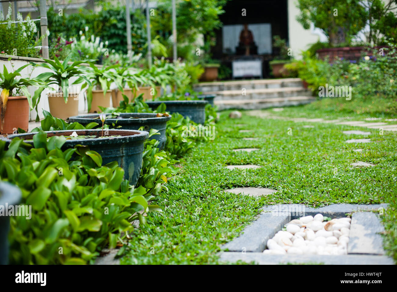 Plants, flowerpots, flowerbed the largest Buddhist temple in South East Asia: Kek Lok Si Malaysia Stock Photo