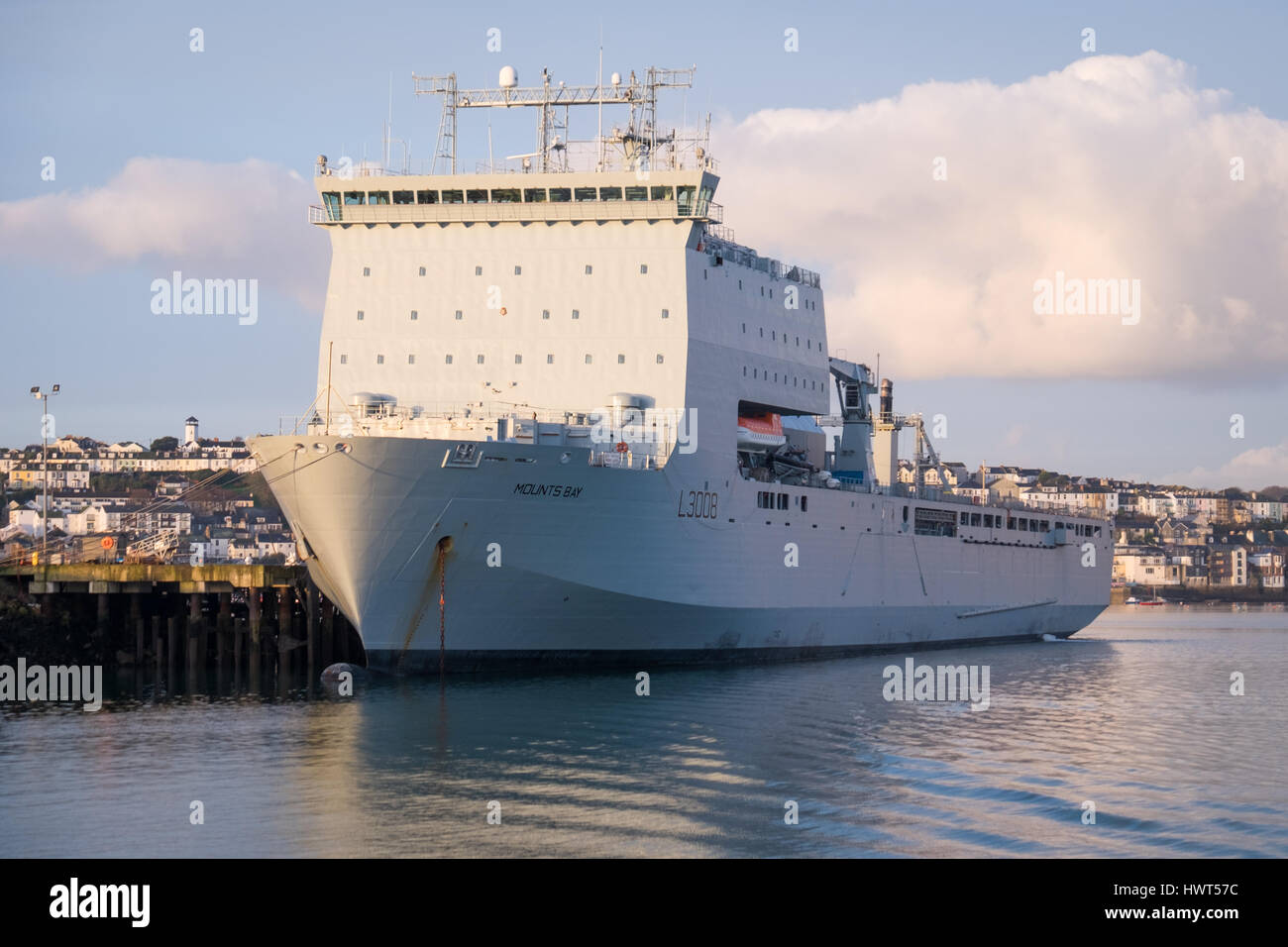 Landing ship dock (LSD(A)) RFA Mounts Bay of the Royal Fleet Auxiliary alongside in Falmouth, Cornwall Stock Photo