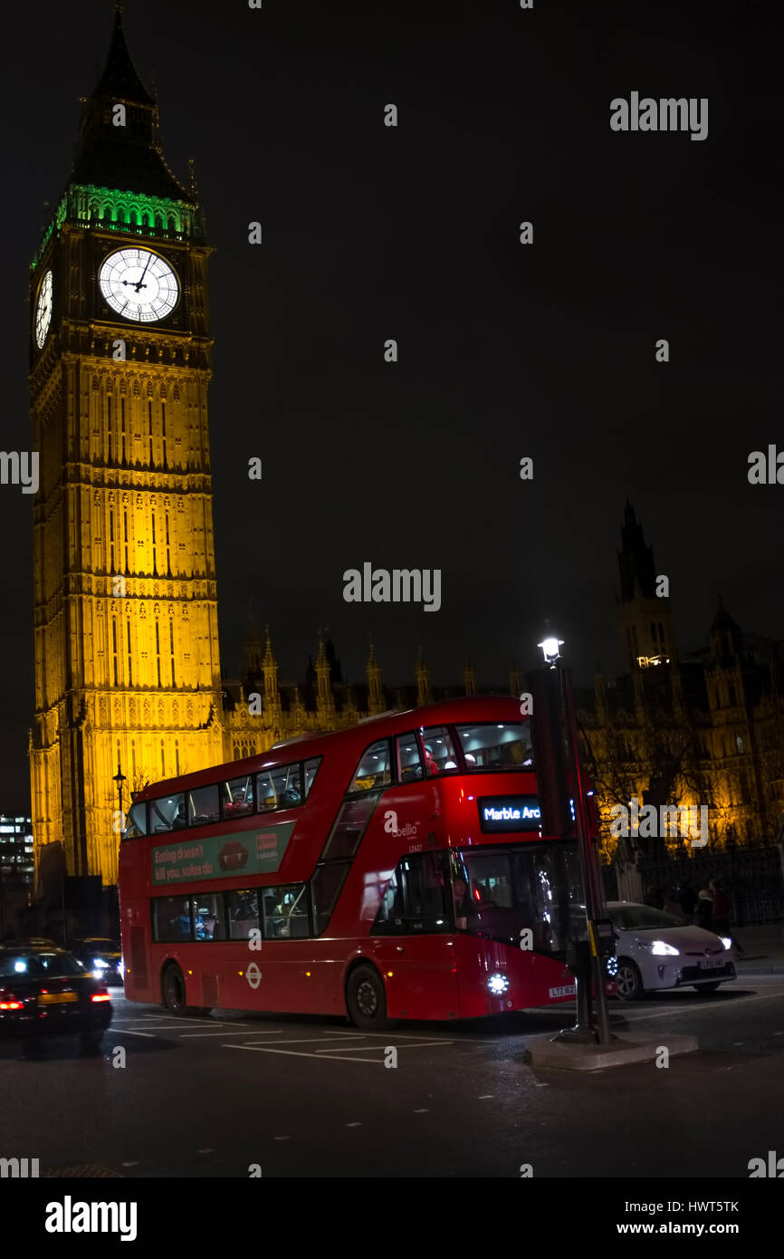 Big Ben, Westminster Bridge and red double decker bus in London Stock Photo