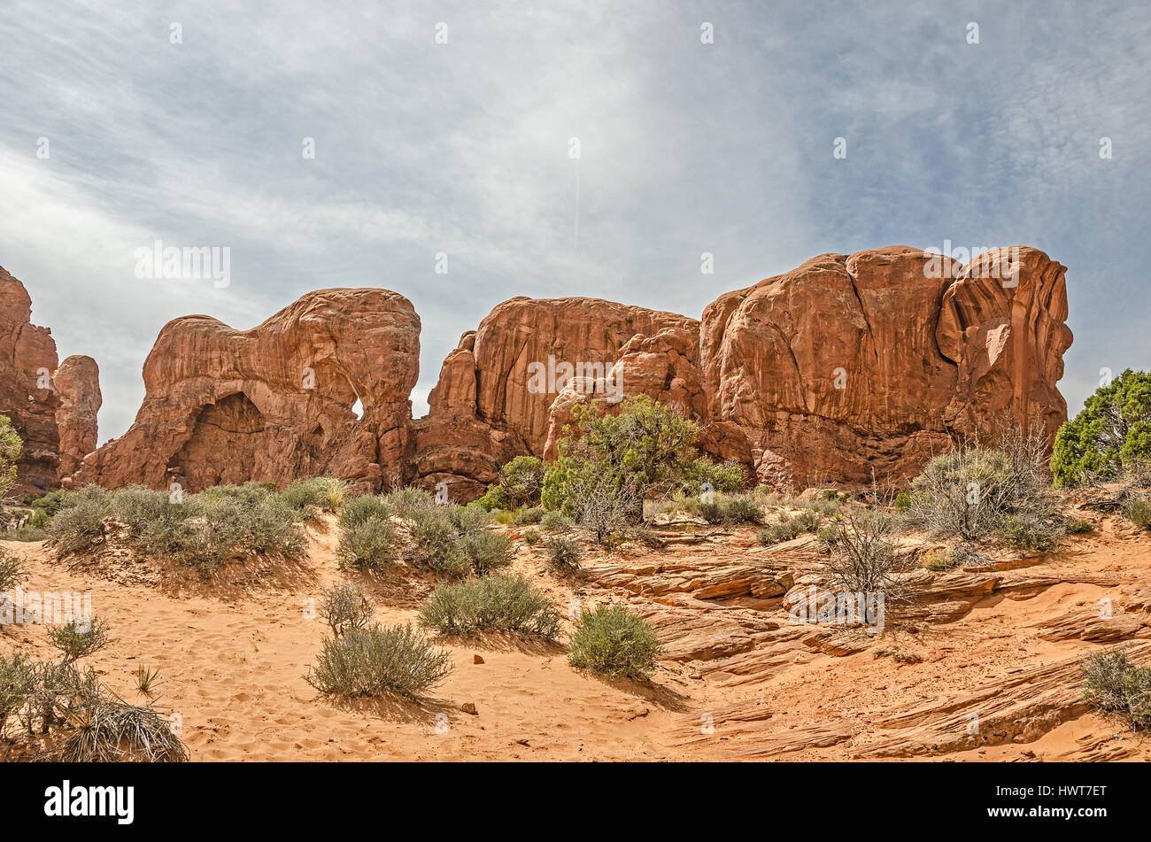 These sandstone formations in the windows section of Arches National Park resemble a Parade of Elephants. Stock Photo