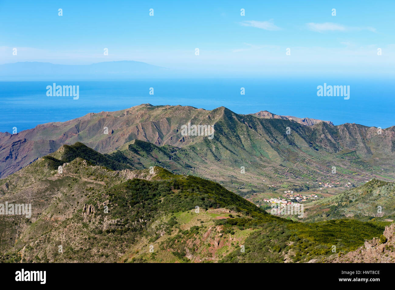 Teno mountains with El Palmar, view of Cruz de Gala, Teno Rural Park, at back the neighboring island of La Palma, Tenerife Stock Photo