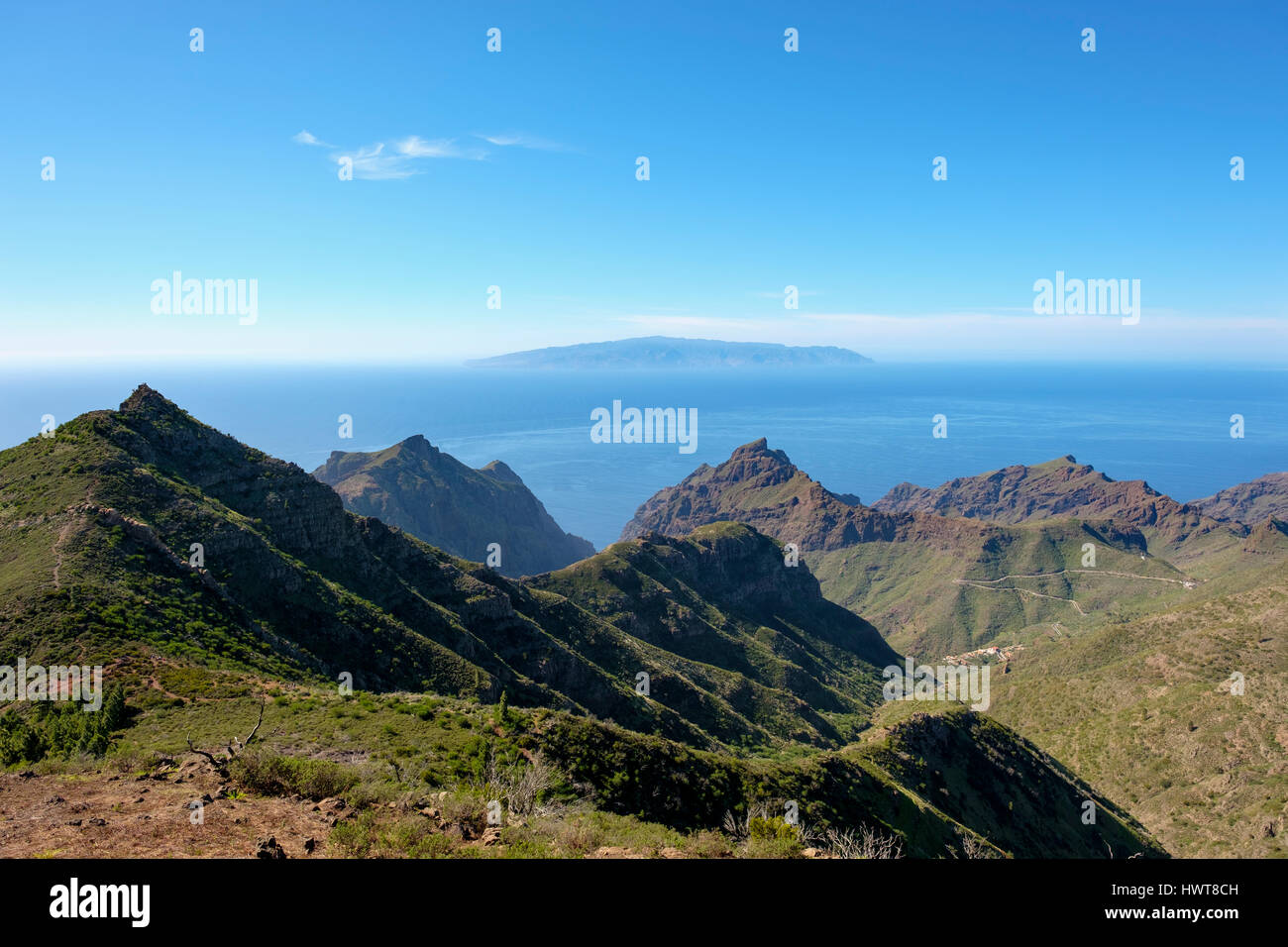 Teno mountains with Masca Gorge, View of Cruz de Gala, Teno Rural Park, at back La Gomera, Tenerife, Canary Islands, Spain Stock Photo