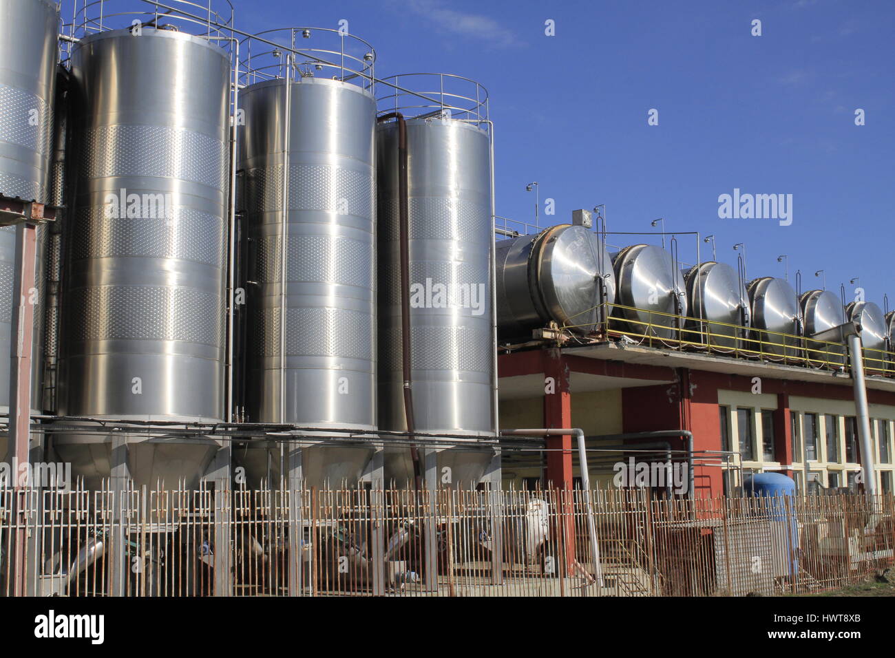 Modern Wine production and metalic Wine storage tanks at a winery Stock