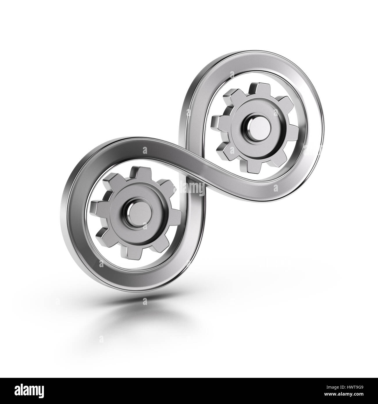 3D illustration of an infinite symbol and cog wheels over white background, Concept of manufacturing continuous improvement of processes.. Stock Photo