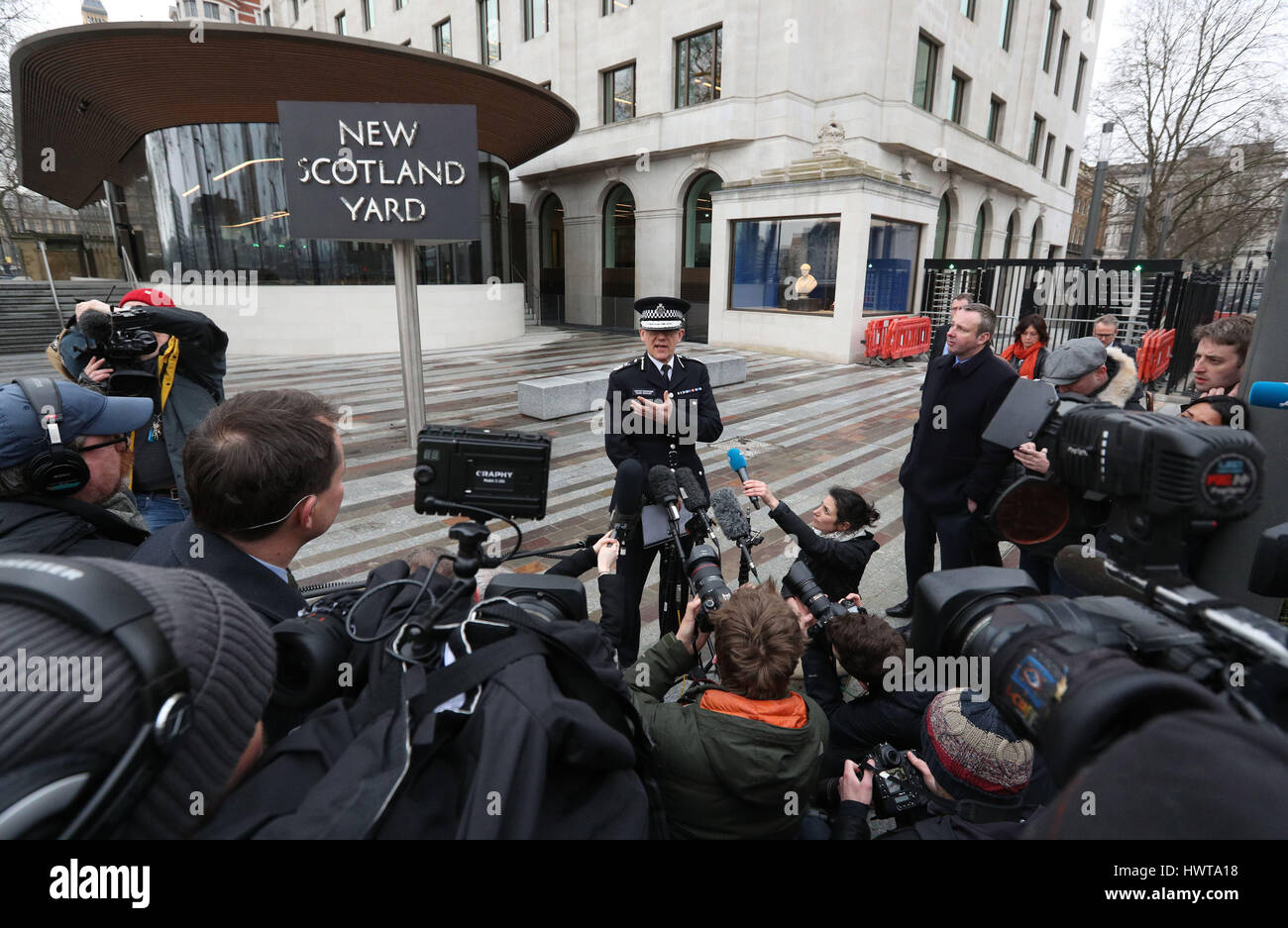 Mark Rowley, Assistant Commissioner for Specialist Operations in the Metropolitan Police, speaking outside Scotland Yard in London, the day after a terrorist attack where police officer Keith Palmer and three members of the public died and the attacker was shot dead. Stock Photo