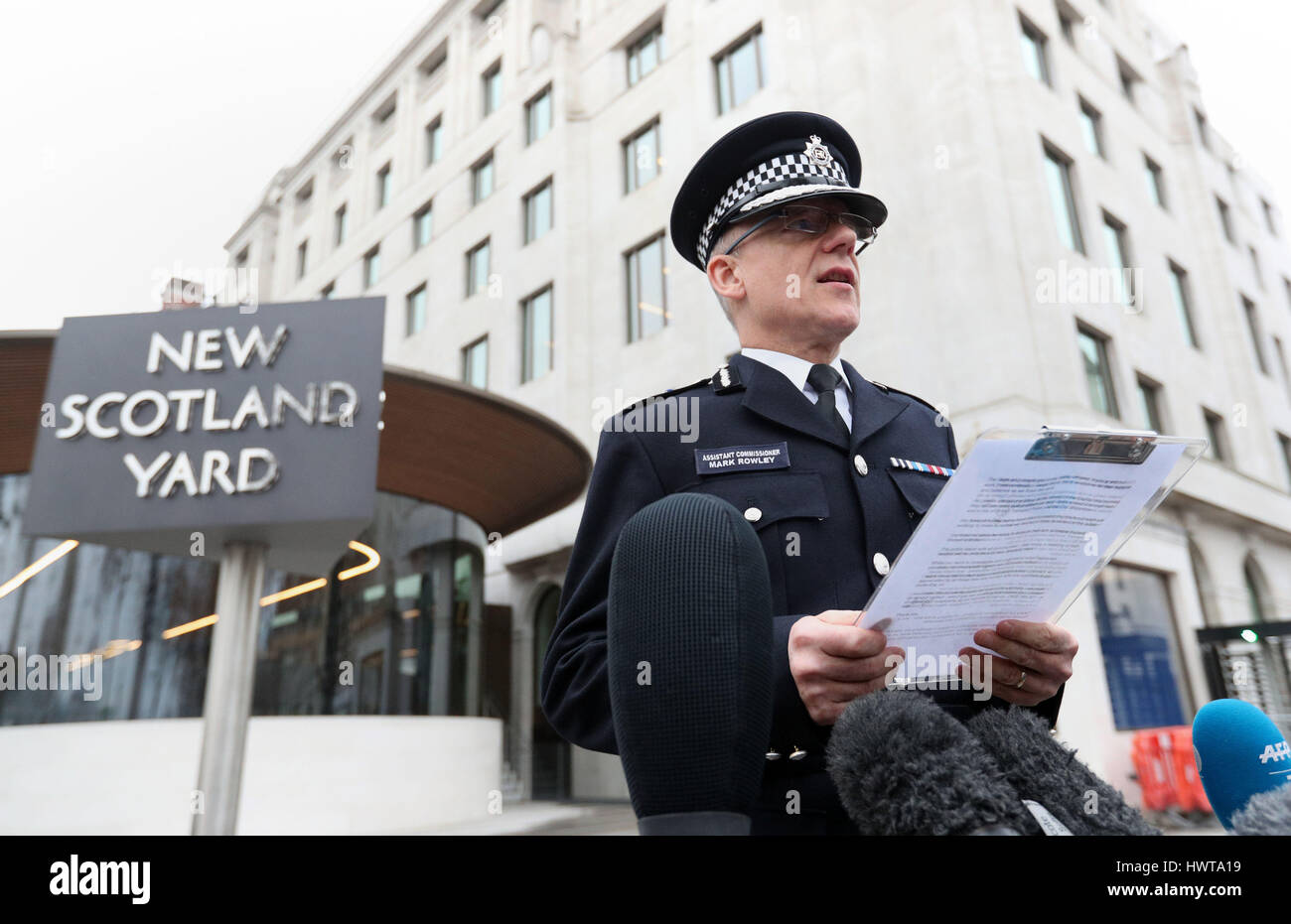 Mark Rowley, Assistant Commissioner for Specialist Operations in the Metropolitan Police, speaking outside Scotland Yard in London, the day after a terrorist attack where police officer Keith Palmer and three members of the public died and the attacker was shot dead. Stock Photo