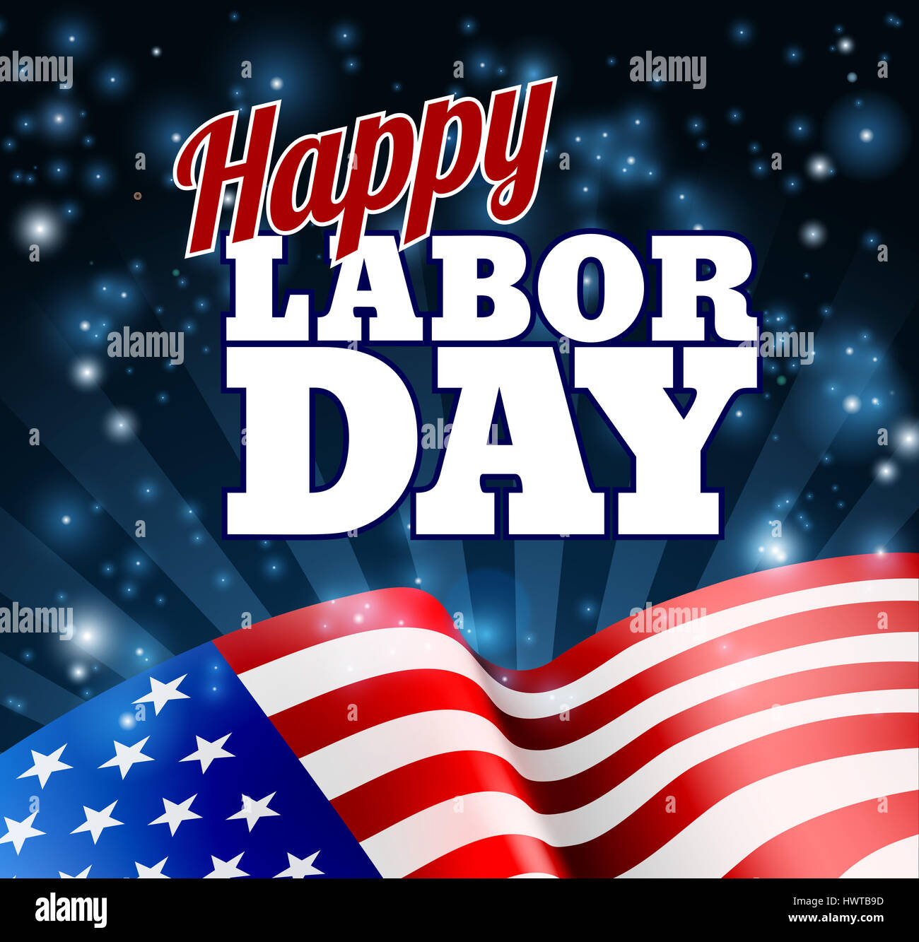 A Happy Labor Day design with an American flag in the background Stock Photo