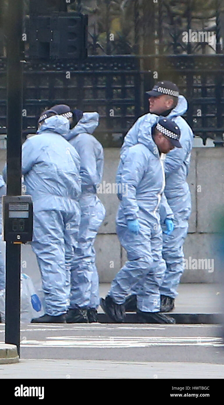 Police forensic officers outside the Houses of Parliament in London ...