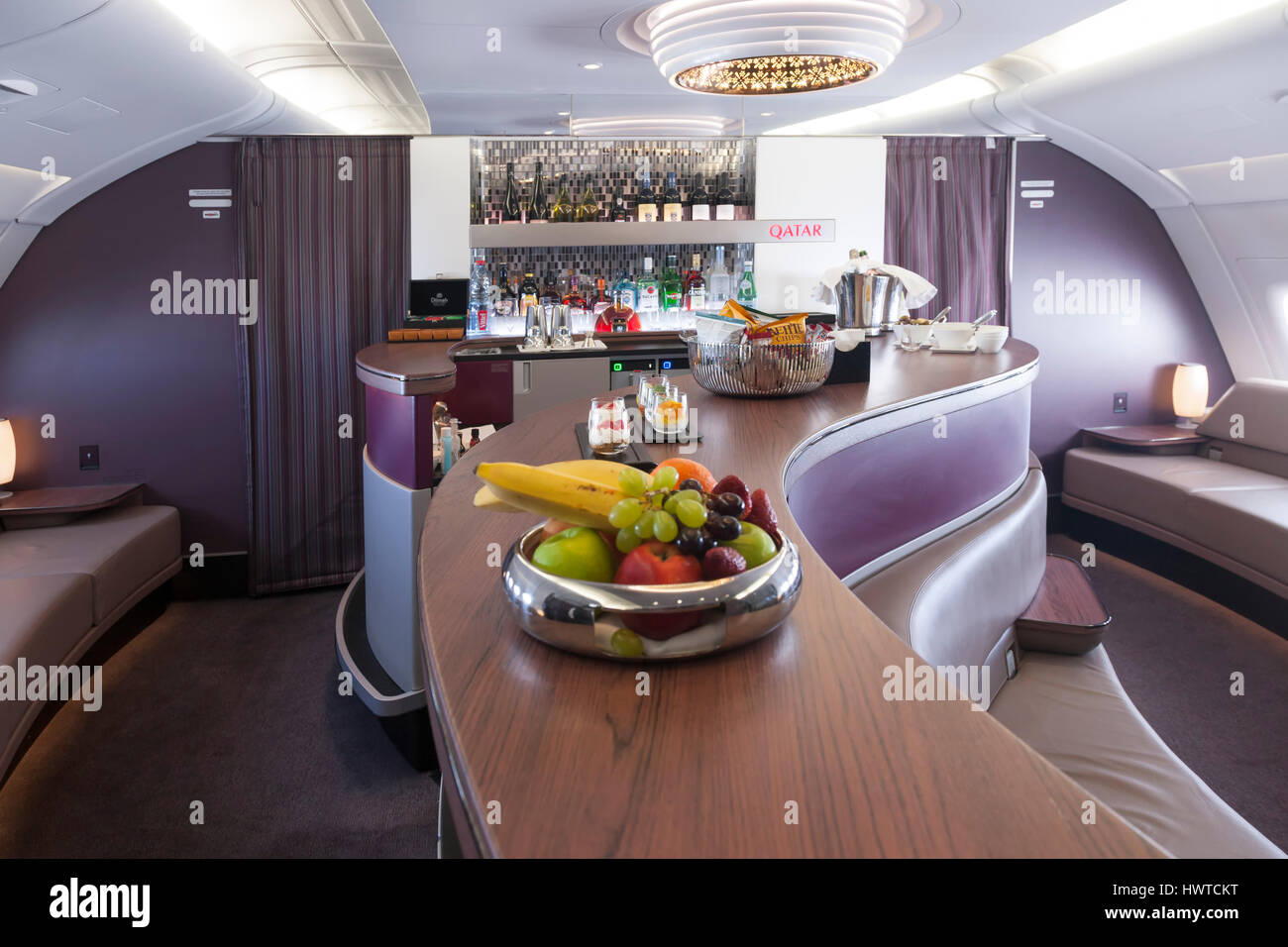 Qatar Airways, Business class lounge onboard Airbus A380-800. Stock Photo