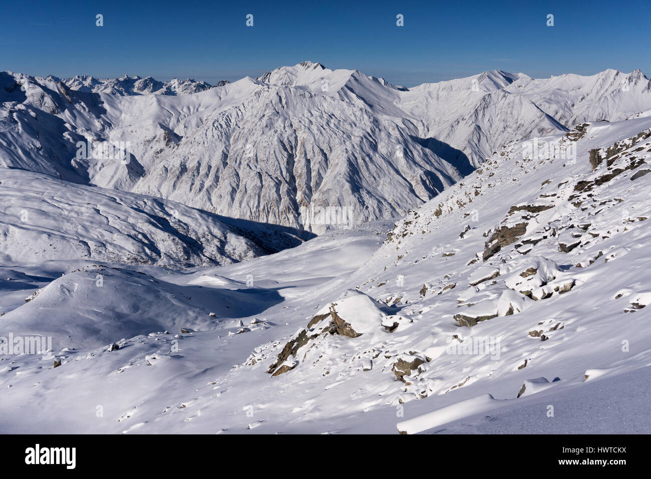 View of the French Alps above Les Menuires ski resort in the three valleys ski area after heavy snow Stock Photo