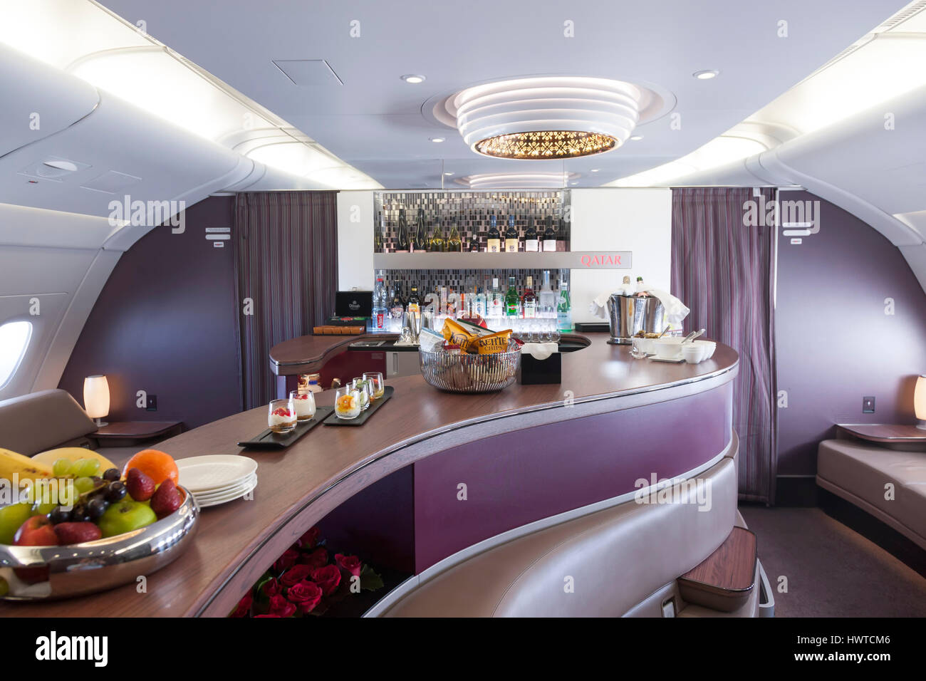 Qatar Airways, Business class lounge onboard Airbus A380-800. Stock Photo