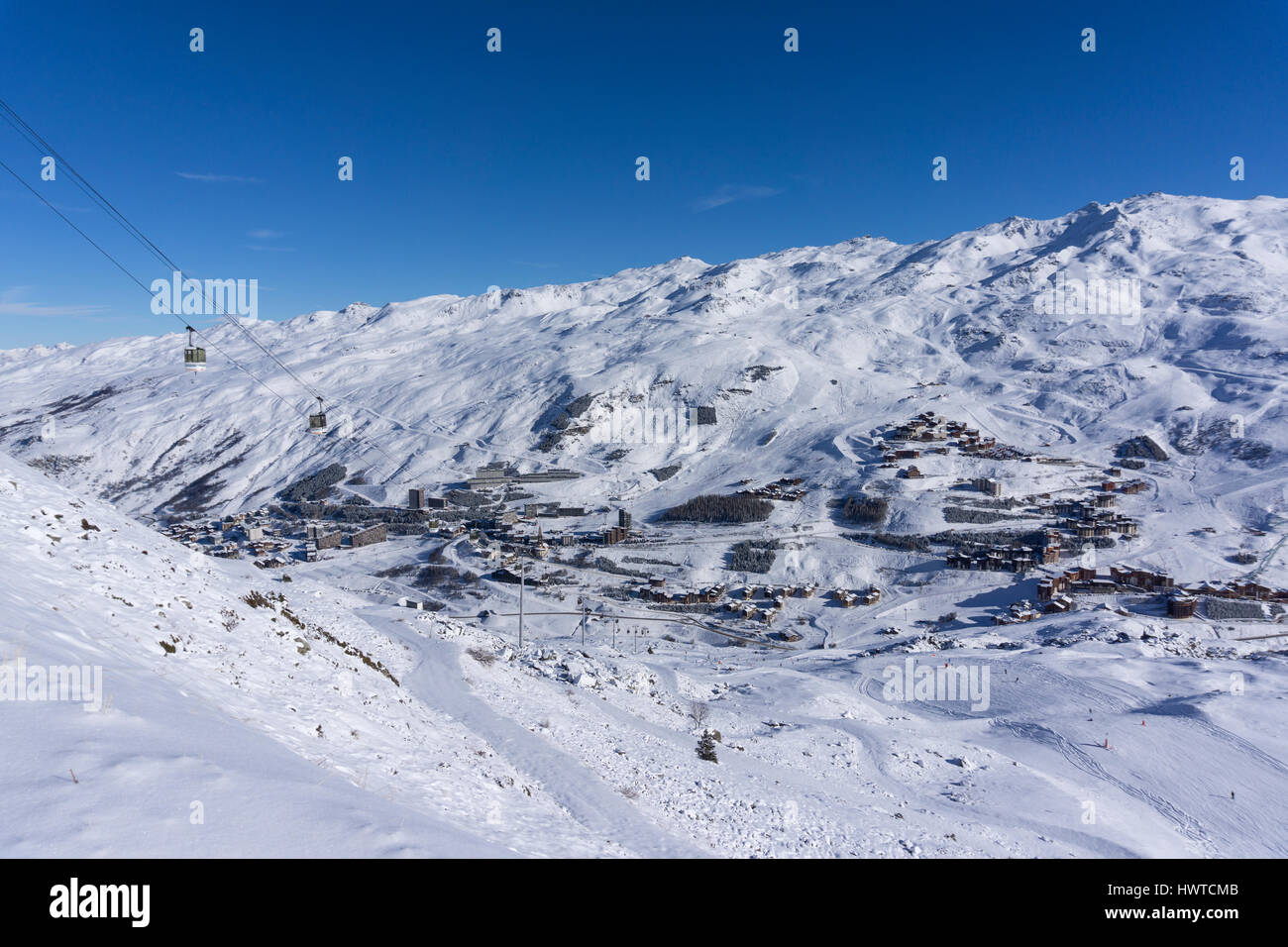 Distant view of the ffrench ski resort Les Menuires in the Three Valleys Stock Photo