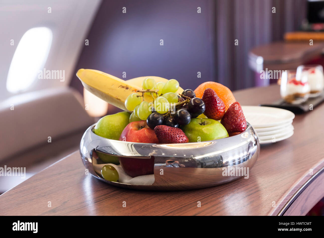 Qatar Airways, Business class lounge onboard Airbus A380-800. Stock Photo